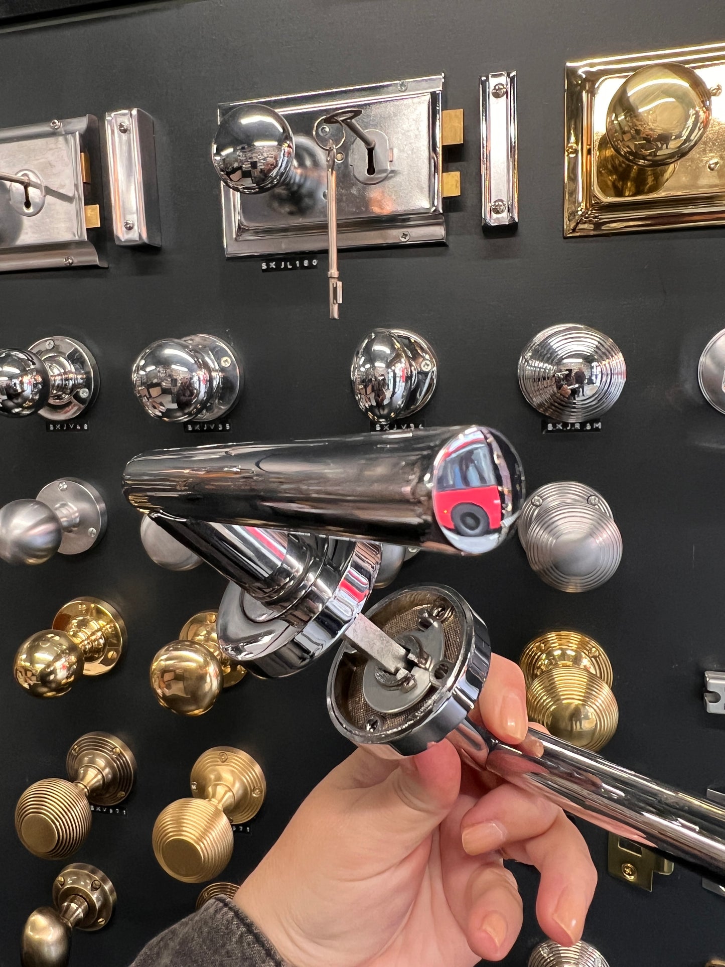 Polished chrome straight lever on rose handles