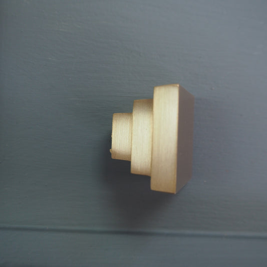 Square stepped satin brass cupboard knob