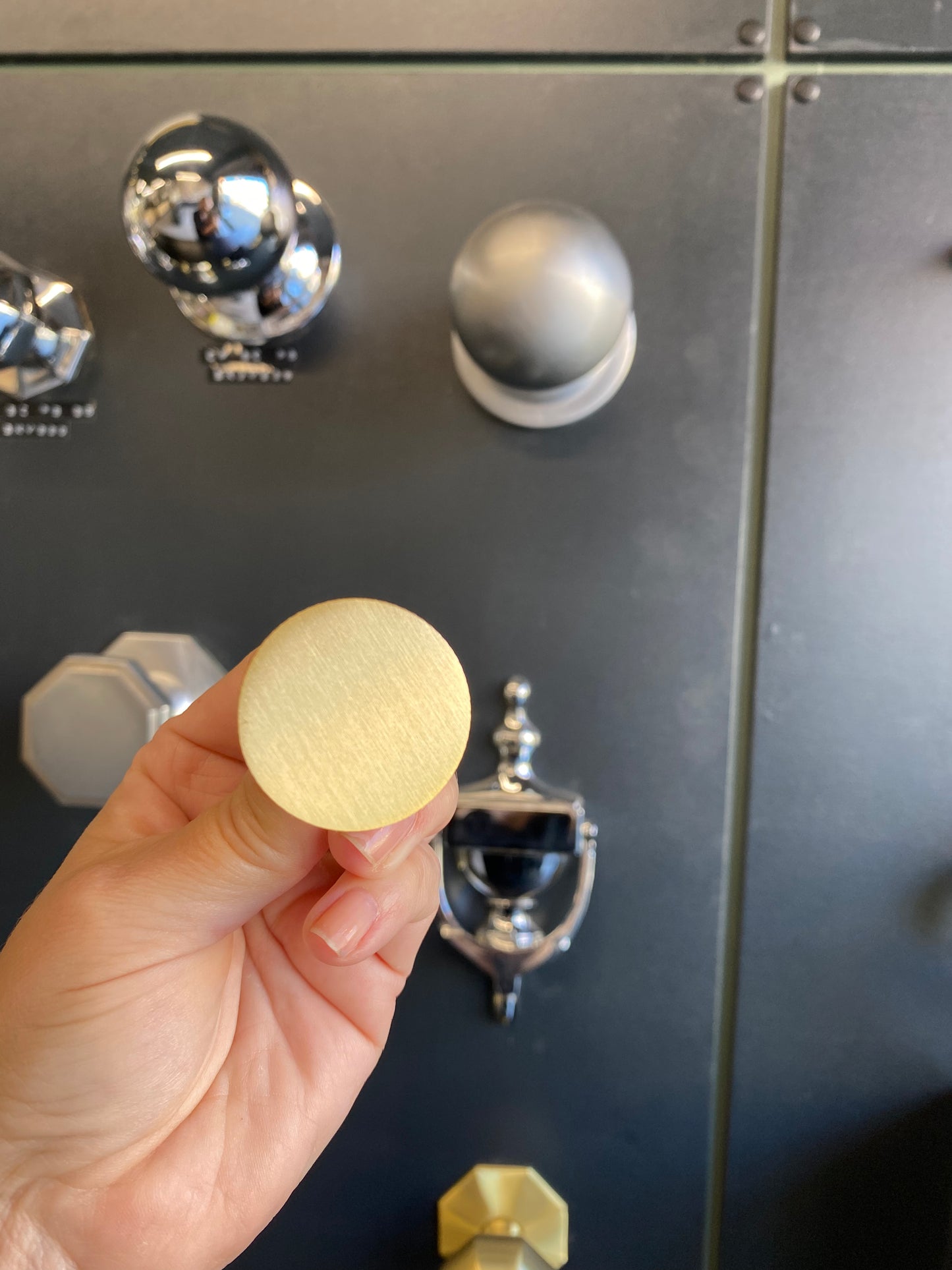Round satin brass cupboard knob with knurled detail