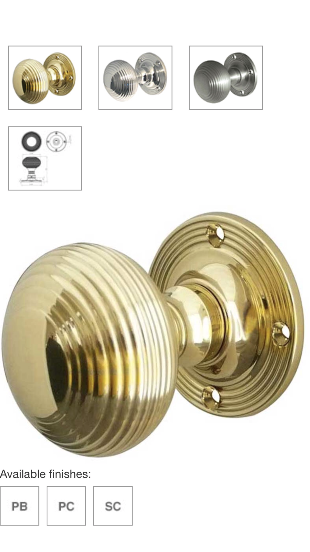 Polished brass reeded mortice knob