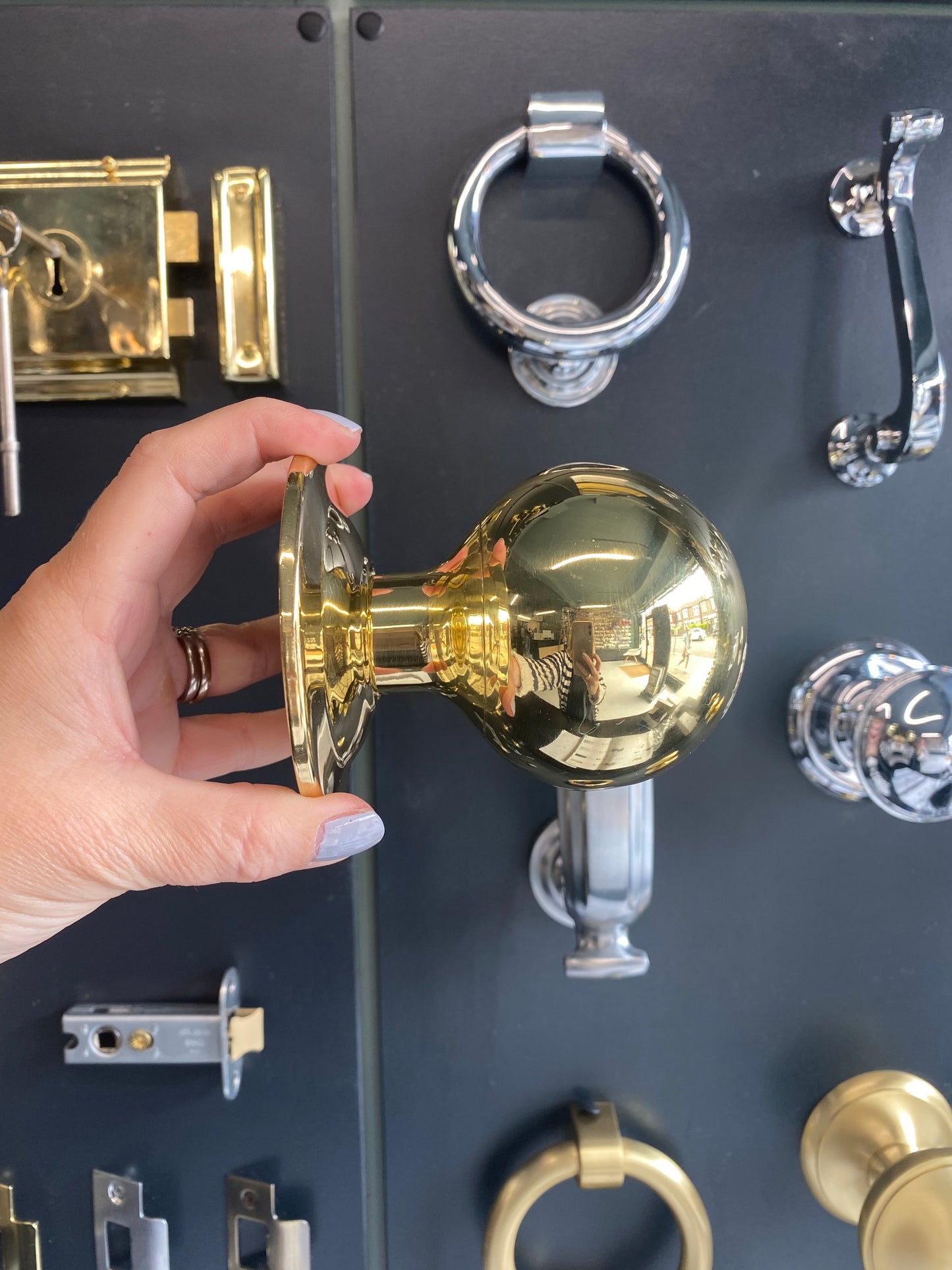 Large ball round centre door knob Polished Brass