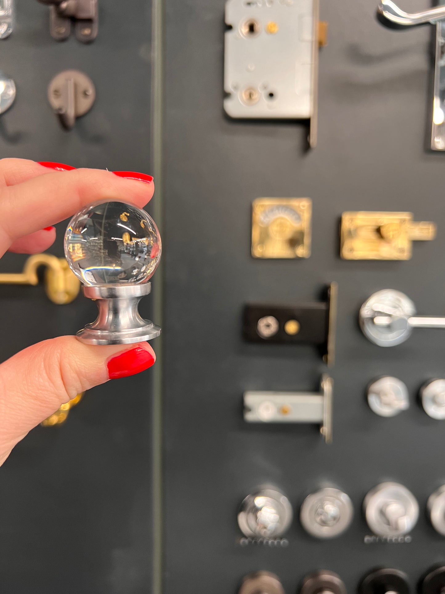 Plain 30mm glass cabinet knob on satin chrome backplate
