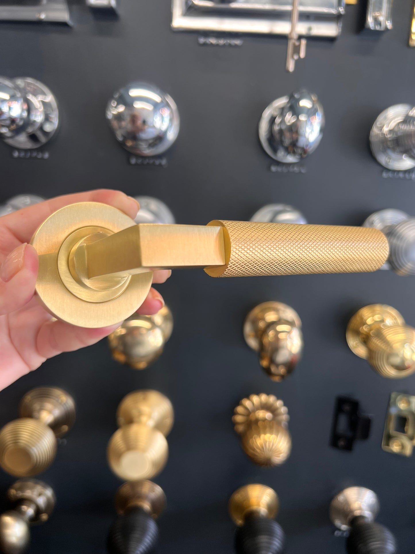 Satin Brass Knurled Lever Handles