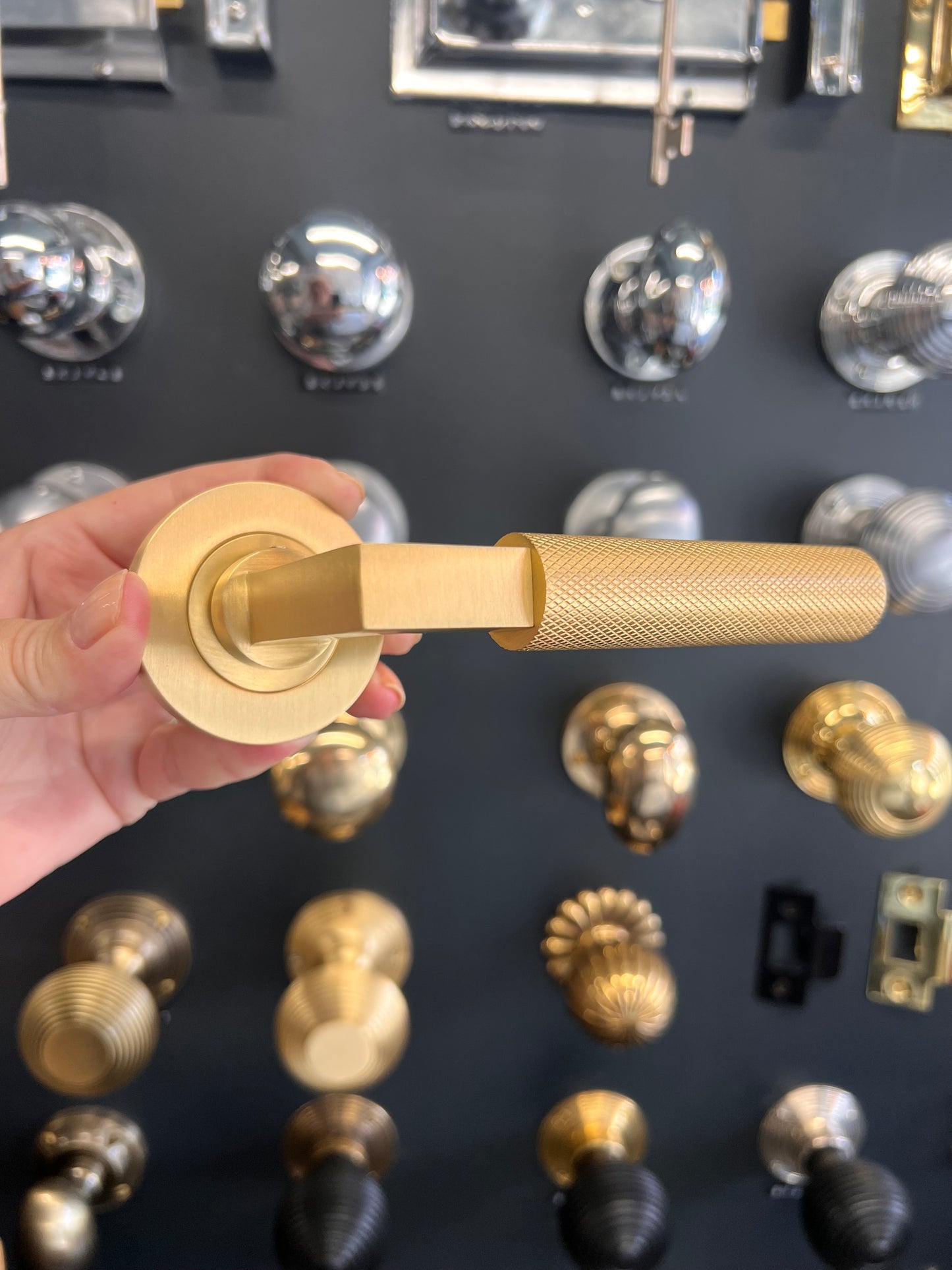 Satin Brass Knurled Lever Handles