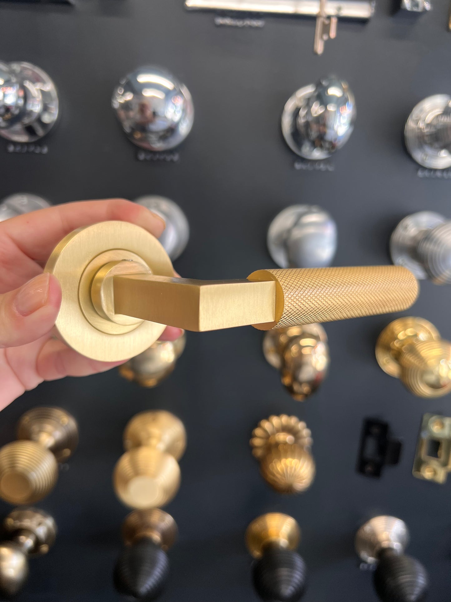 Satin Brass Knurled Lever Handles