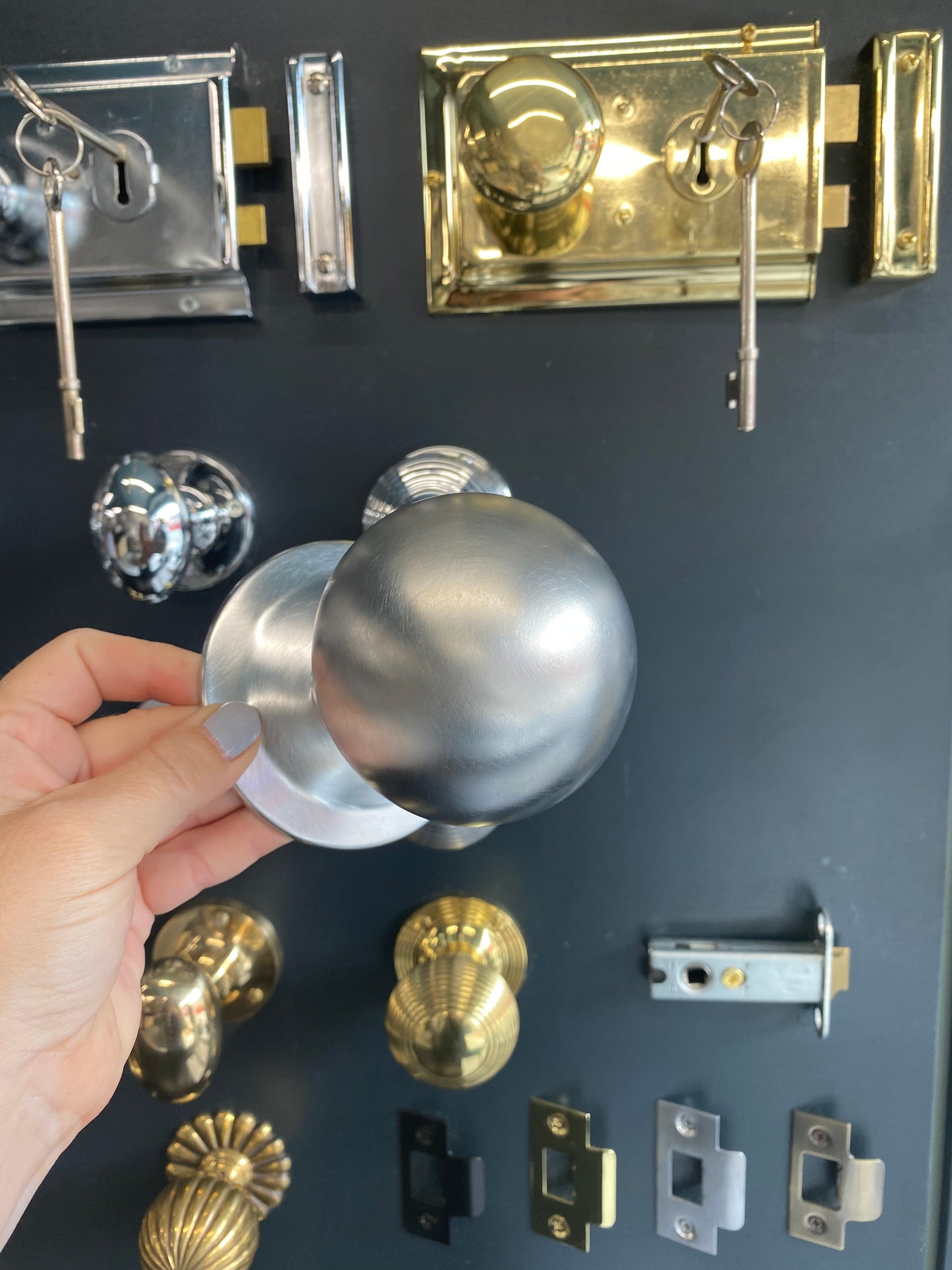 Large round ball centre door knob Satin Chrome