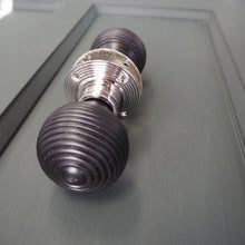 Load image into Gallery viewer, Beehive black mortice knob with polished nickel backplate