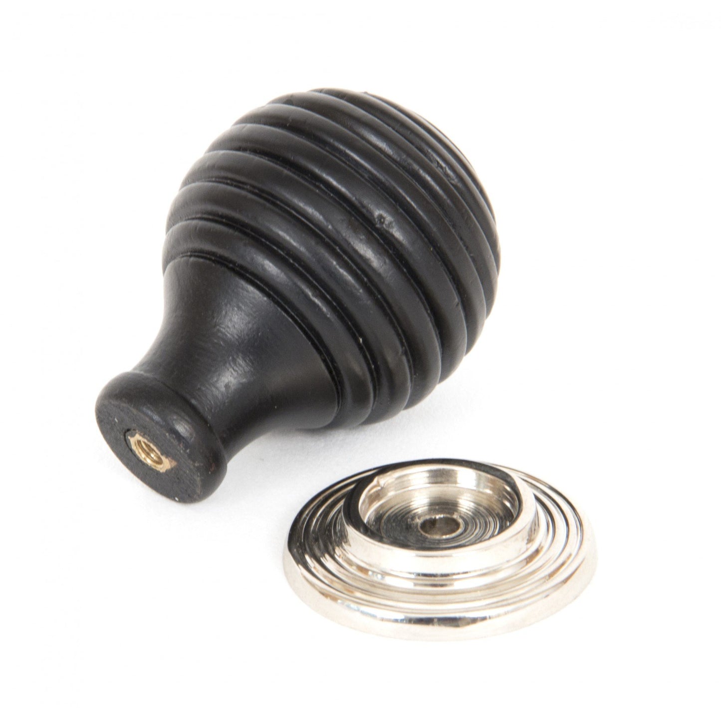 Ebony beehive cupboard knob with polished nickel rose