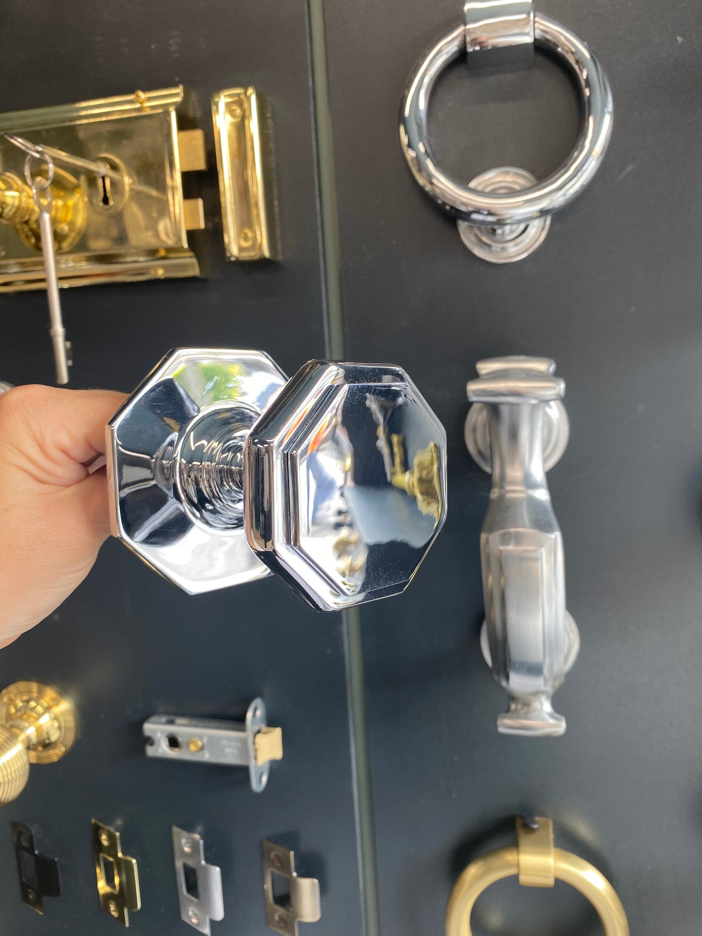 Flat octagonal centre door knob Polished Chrome