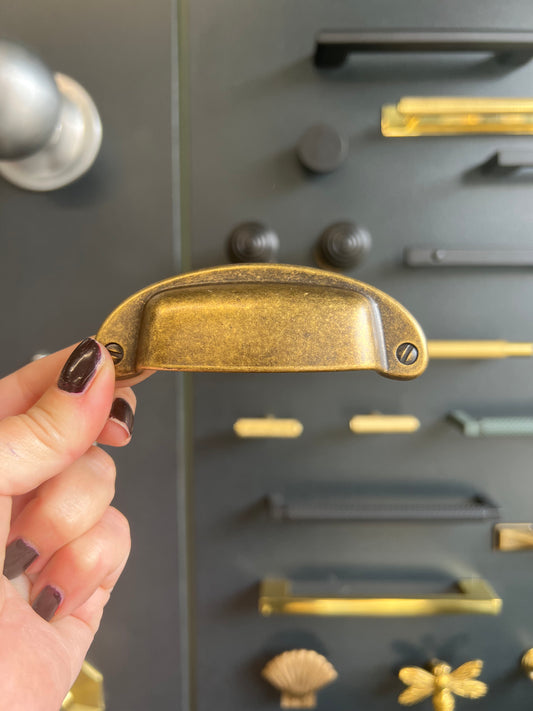 Squared distressed brass drawer pull